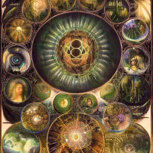 Prompt: holofrenia is a witch, surrounded by a crowd of time travellers inside sacred geometry fibonacci energy biotecture, gregory crewdson light crowd abduction, ernst haeckel, lucasfilm