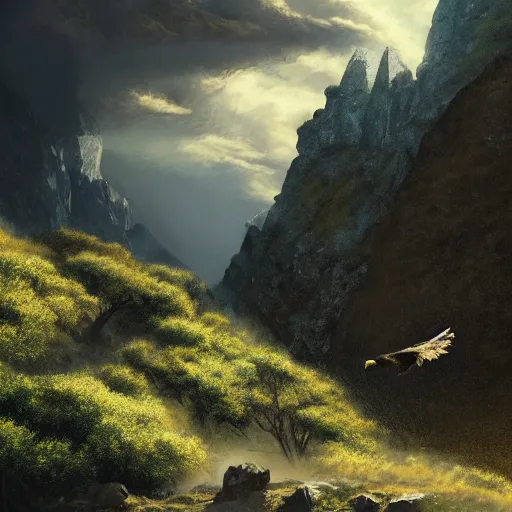 Prompt: golden eagle flying in avila mountains. green. granite. clouds. summer. batscoming out from the entrance. 4 k, concept art, by wlop, ilya kuvshinov, artgerm, krenz cushart, greg rutkowski, pixiv. cinematic dramatic atmosphere, sharp focus, volumetric lighting, cinematic lighting, studio quality