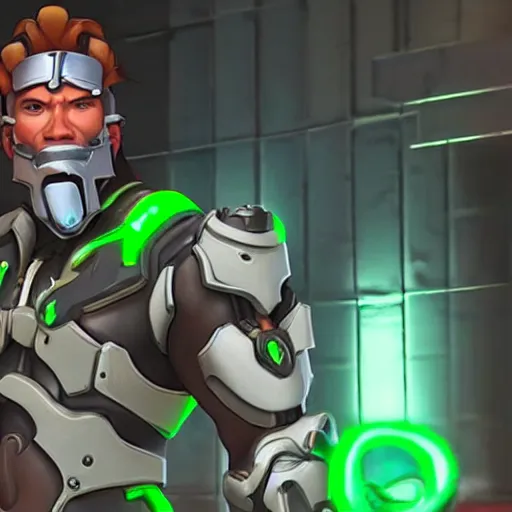 Image similar to a screenshot of arnold schwarzenegger as genji in overwatch