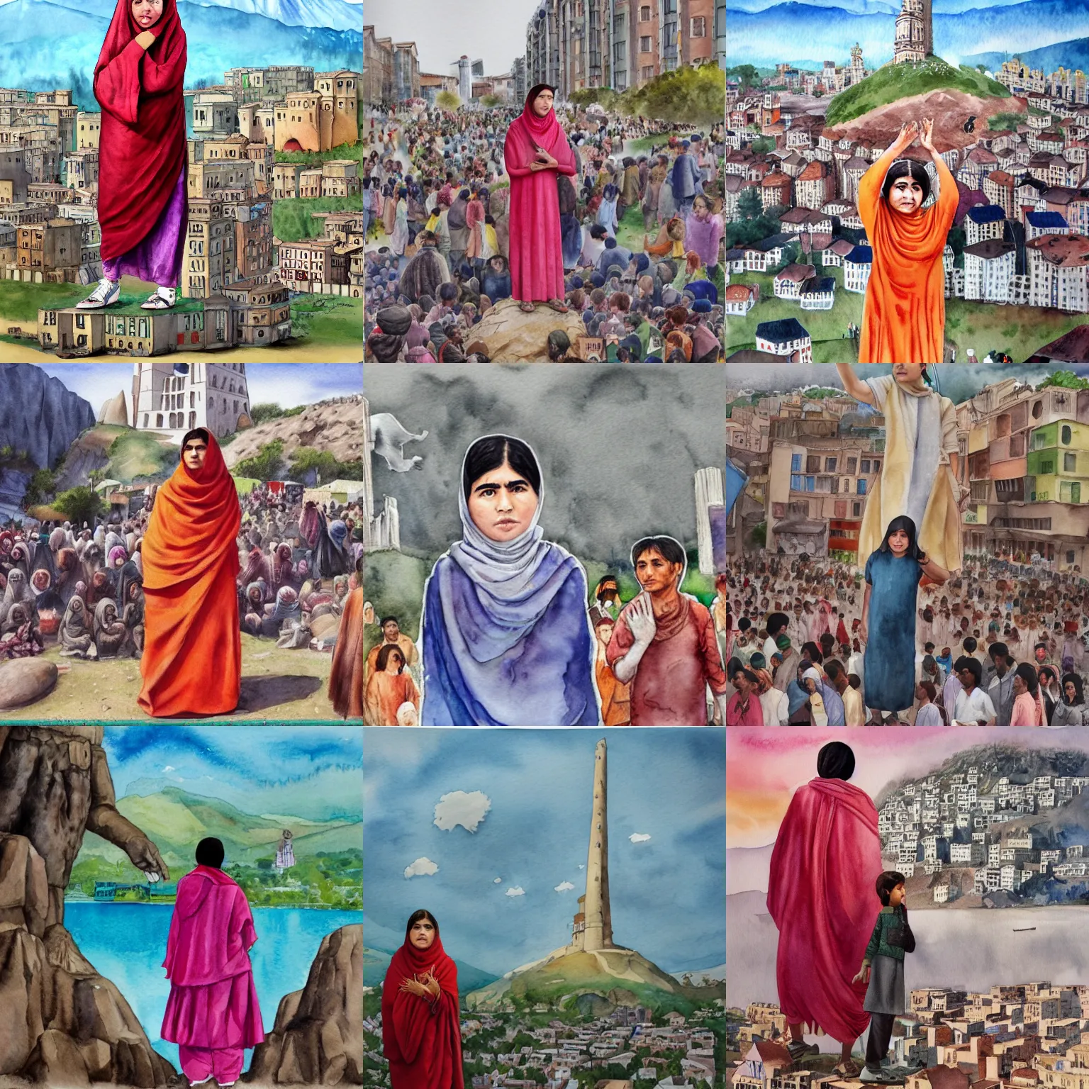 Prompt: Giant Malala Yousafzai stands next to a town, surrounded by people, watercolor, trending on ArtStation, Gulliver's Travels