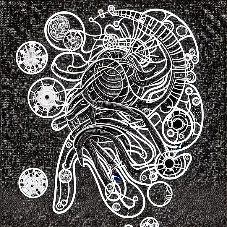 Prompt: a black and white drawing of variety of sea life as a hyperdetailed mech with electronic equipment space station, a microscopic photo by ernst haeckel, zbrush central, kinetic pointillism, intricate patterns, photoillustration