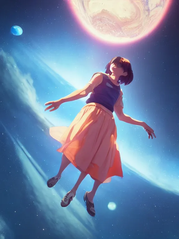 Image similar to a godly, wise, powerful giant girl wearing a skirt in space holding a small planet in her left hand. Soft lighting, cosmic skies, stunning, 8K, octane render. By Makoto Shinkai, Stanley Artgerm Lau, WLOP, Rossdraws, James Jean, Andrei Riabovitchev, Marc Simonetti, krenz cushart, Sakimichan, D&D trending on ArtStation, digital art.