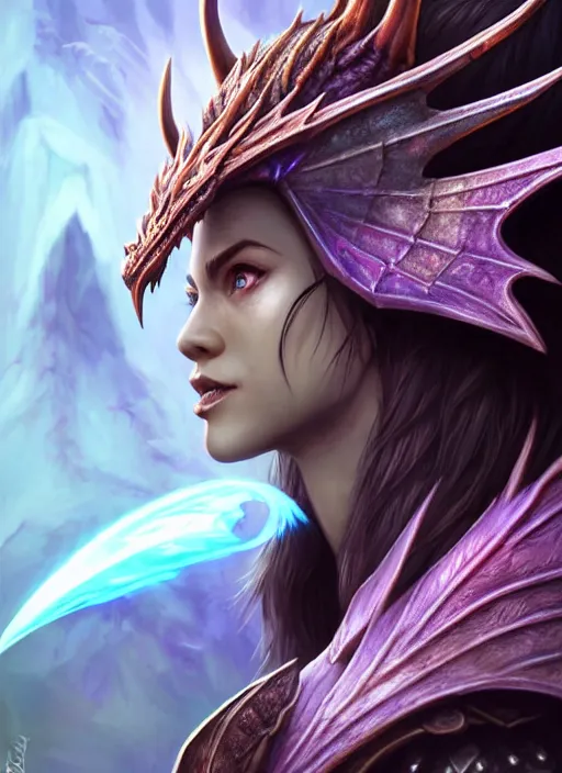 Image similar to epic dragon warlock female character design, highly detailed, glossy eyes, d & d, fantasy, highly detailed, digital painting, trending on artstation, concept art, sharp focus, holographic undertones, illustration, global illumination, ray tracing, realistic shaded, art by artgerm and greg rutkowski and fuji choko and viktoria gavrilenko and hoang lap