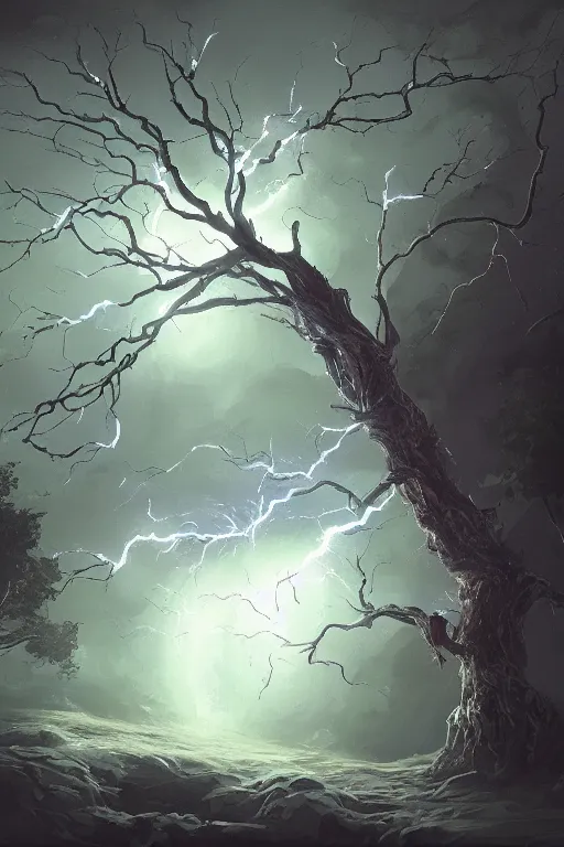 Image similar to a tree with lightning for leaves, overexposure, electricity, night, unreal engine, digital art, 8 k, oil painting, fantasy art, illustration, detailed and intricate environment