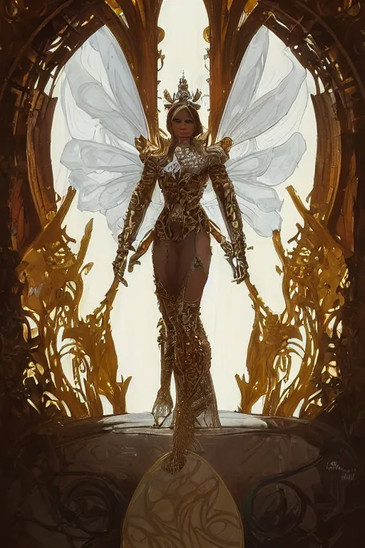 Image similar to full body portrait of a queen wearing white armor with ornate bronze and gold, white gossamer wings, art nouveau, profile, 4K, character concept art, oil painting, trending in artstation, cgsociety, by nekro, Alphonse Mucha, Artgerm, Greg Rutkowski and Craig Mullins