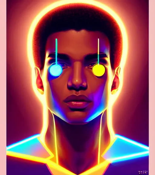 Image similar to symmetry!! egyptian prince of technology, solid cube of light, hard edges, product render retro - futuristic poster scifi, lasers and neon circuits, brown skin man egyptian prince, intricate, elegant, highly detailed, digital painting, artstation, concept art, smooth, sharp focus, illustration, dreamlike, art by artgerm