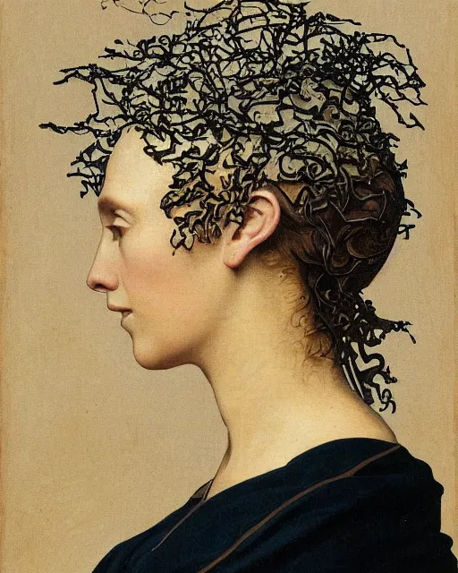 Prompt: a woman's face in profile, wearing a space helmet made of intricate delicate seaweed, in the style of the dutch masters and vaughan oliver, dark and moody