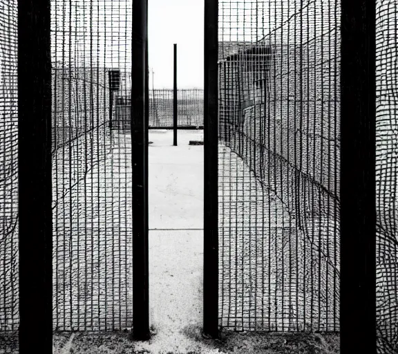Prompt: Joachim Brohm photo of 'thanos laughing behind jail bars', high contrast, high exposure photo, monochrome, DLSR, grainy, lost footage, dutch angle