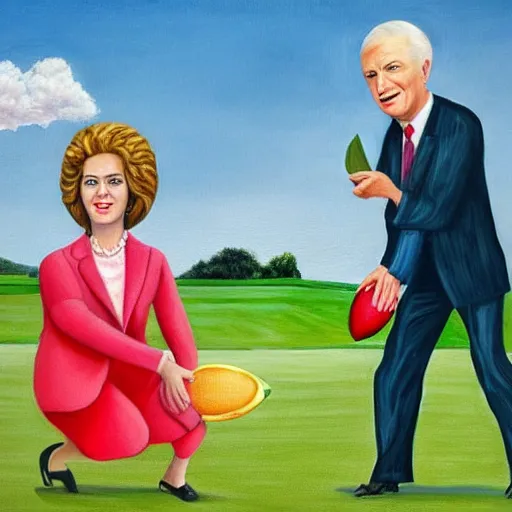 Image similar to A hyper realistic painting of old times politicians with wigs, playing American football with a watermelon on a golf course. Award winning, 4K