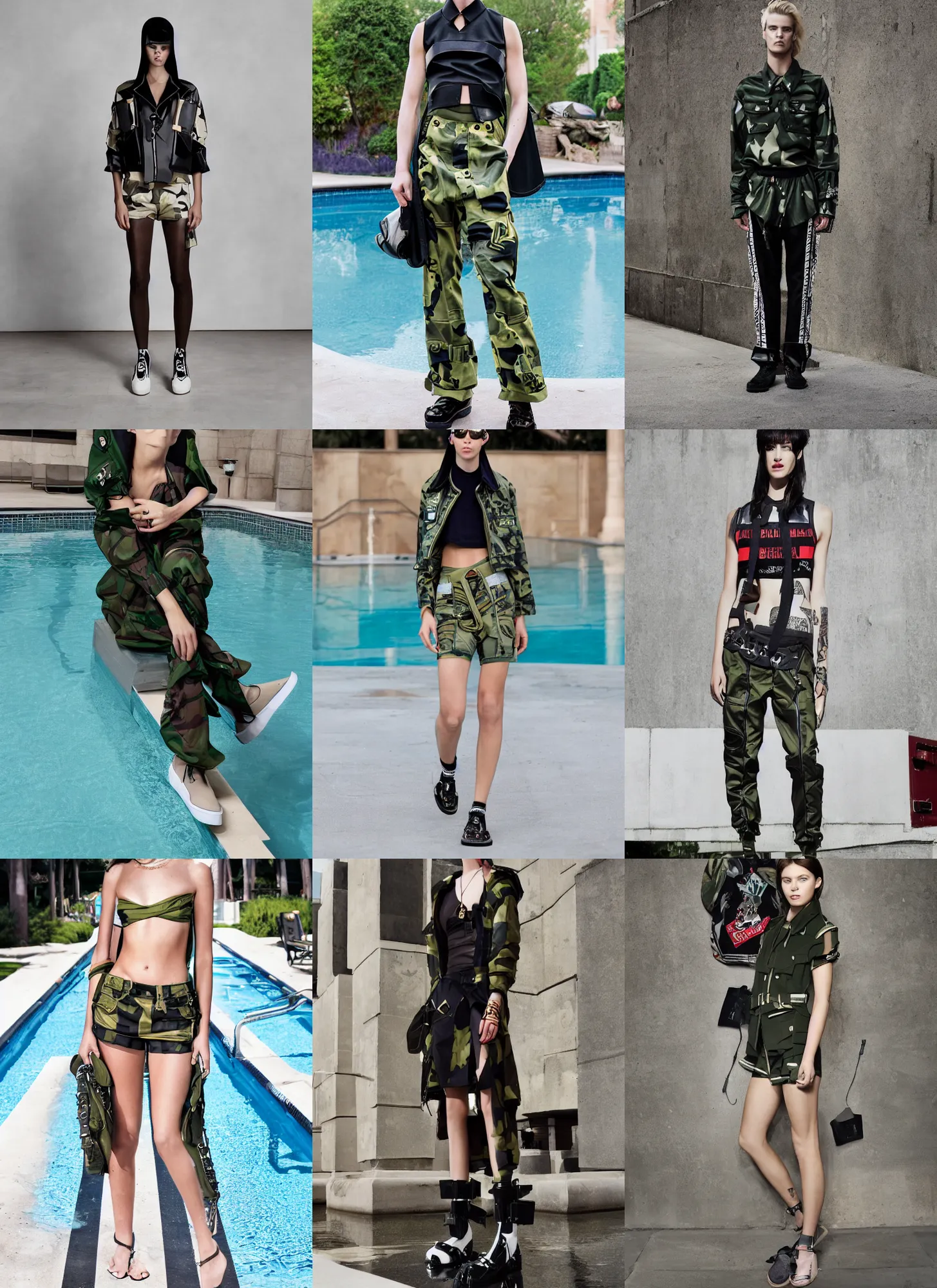 Prompt: poolside balenciaga military, hot topic inspired