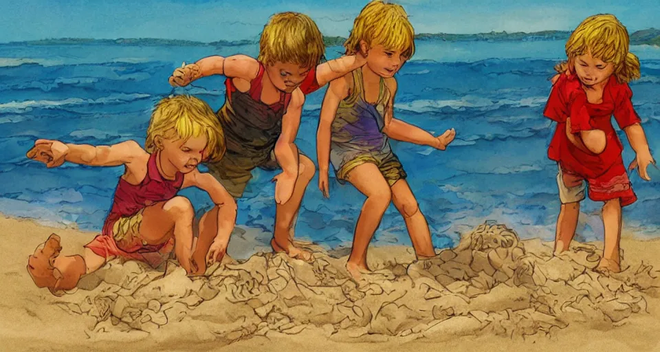 Image similar to little kids play with sand in beach , high quality, illustration, by David Finch