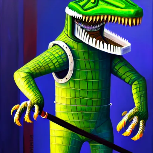 Image similar to an anthropomorphic male alligator fursona in fencing gear, furry art, oil on canvas, dramatic