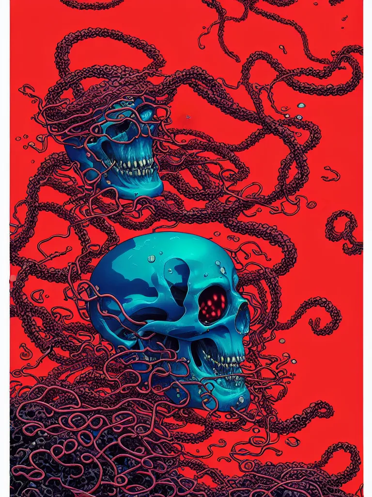 Prompt: a glowing red skull in the sea enveloped by jellyfish tendrils and black seaweed by josan gonzalez and dan mumford and albrecht anker and miho hirano and ross tran, highly detailed, high contrast, pop art