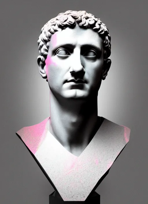Image similar to bust of victorious caesar, beeple, vaporwave, retrowave, black background, neon wiring, black, glitch, strong contrast, cuts, pinterest, trending on artstation