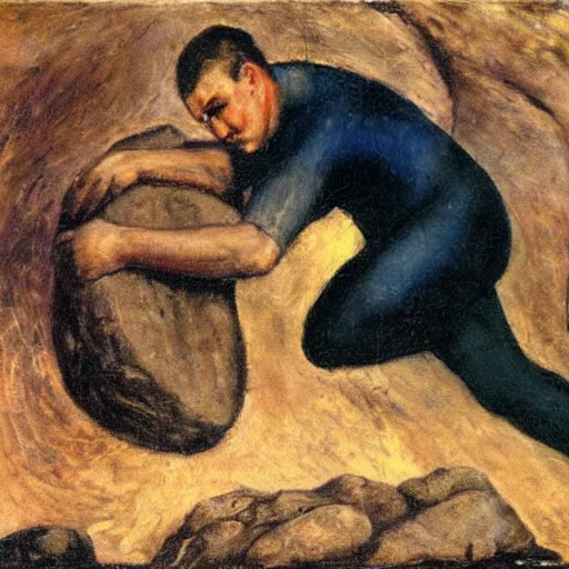 Image similar to a painting of benjamin netanyahu as sisyphus, carrying boulder on shoulders, by franz stuck