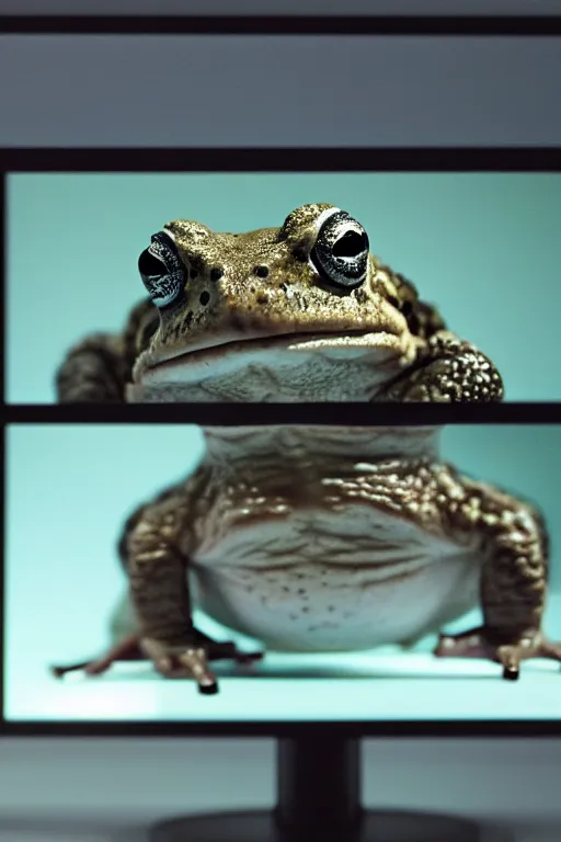 Prompt: A toad, sitting in a dark room, looking at a computer monitor, cinematic, detailed