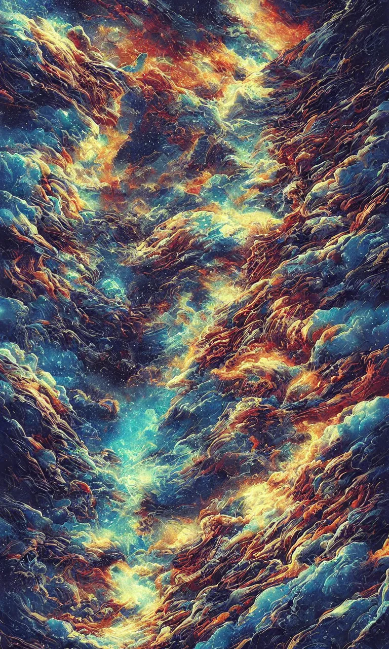 Image similar to life and death from space, the seventh planet, blue sky, clouds by android jones