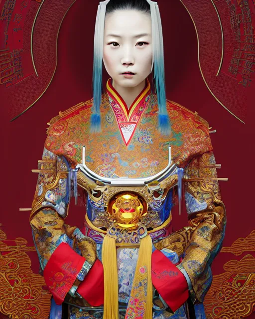 Image similar to portrait of a chinese cyberpunk machine, machine face, robed, upper half portrait, decorated with chinese opera motifs, regal, asian, fine china, wuxia, traditional chinese art intricate intense elegant 京 剧 highly detailed digital painting artstation concept art smooth sharp focus illustration, art by artgerm and greg rutkowski alphonse mucha 8 k