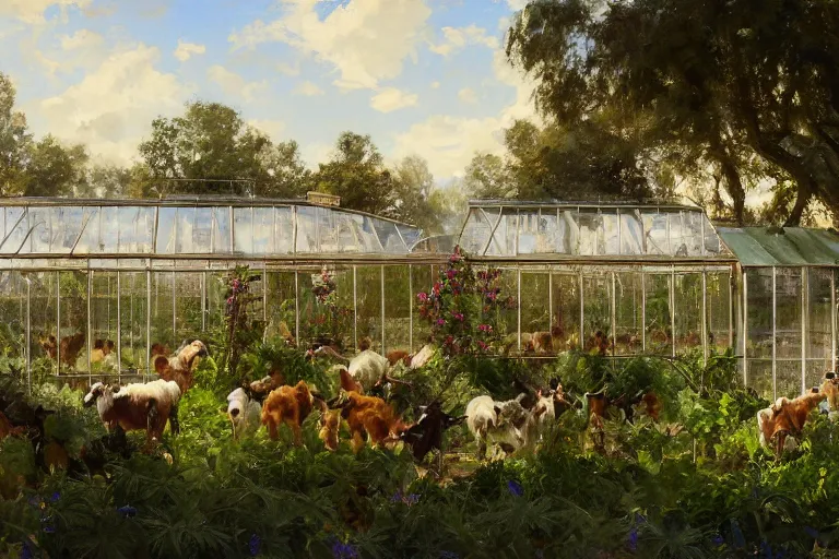 Prompt: weed greenhouse with hundreds of goats in the yard, goat farm, rococo style, greek architecture, green marble building, marijuana trees, multicolored weed leaves, dynamic lighting, landscape, artwork by jeremy lipkin and giuseppe dangelico pino and michael garmash and rob rey and greg manchess and huang guangjian and makoto shinkai, pixiv, 1 0 0 mm