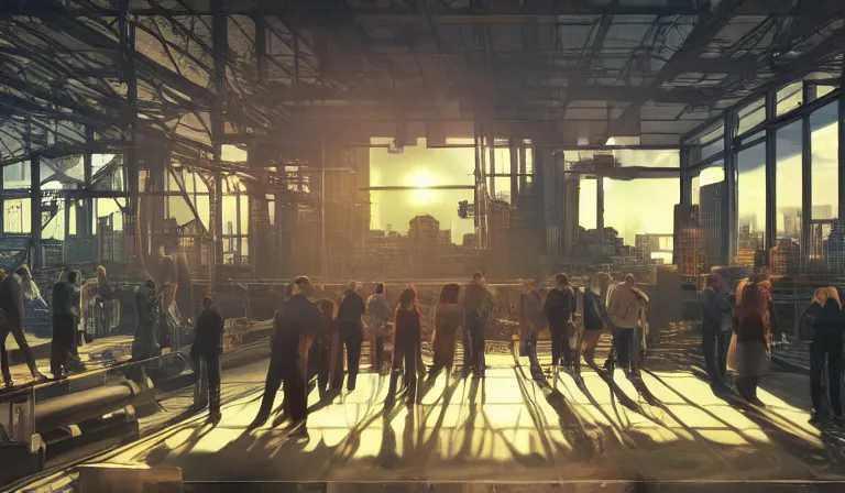 Image similar to group of people in simple warehouse, staring at hologram of futuristic city on a table, cinematic concept art, godrays, golden hour, natural sunlight, 4 k, clear details, tabletop model buildings, center model buildings, hologram center, crane shot, crane shot, crane shot