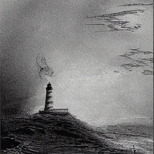 Prompt: a lighthouse during a storm, etching, in the style of gustave dore