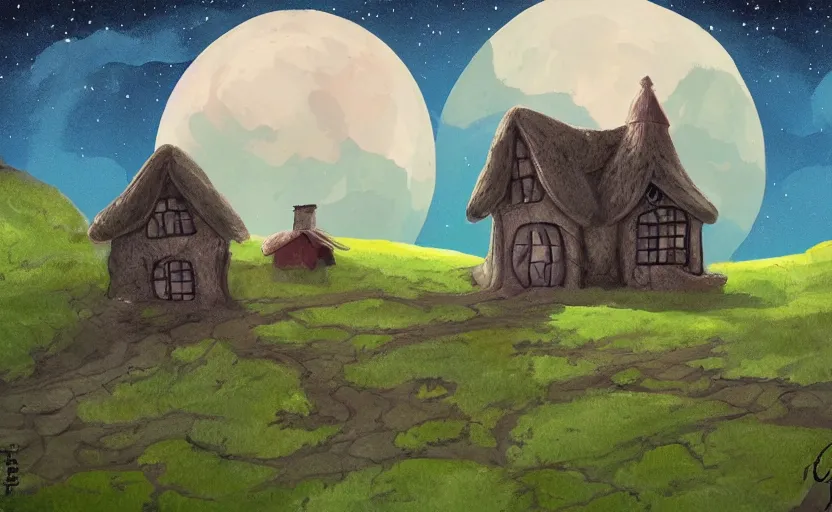 Prompt: a witch's cottage on a lonely hill against a giant moon, storybook, gouache, flat, concept art, lush