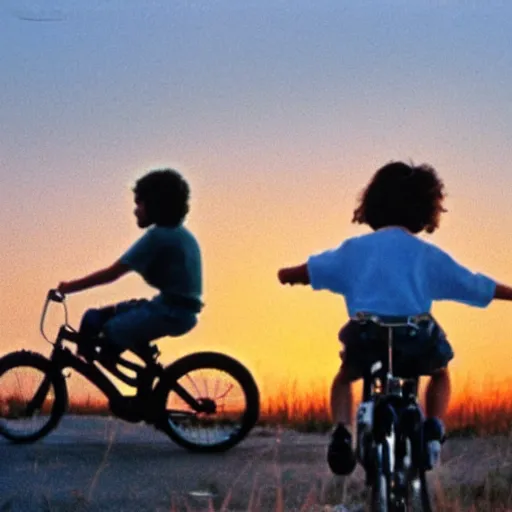 Prompt: kids riding their bikes in the 1 9 8 0 s, long shot, sunset at the golden hour, photoreal, vintage