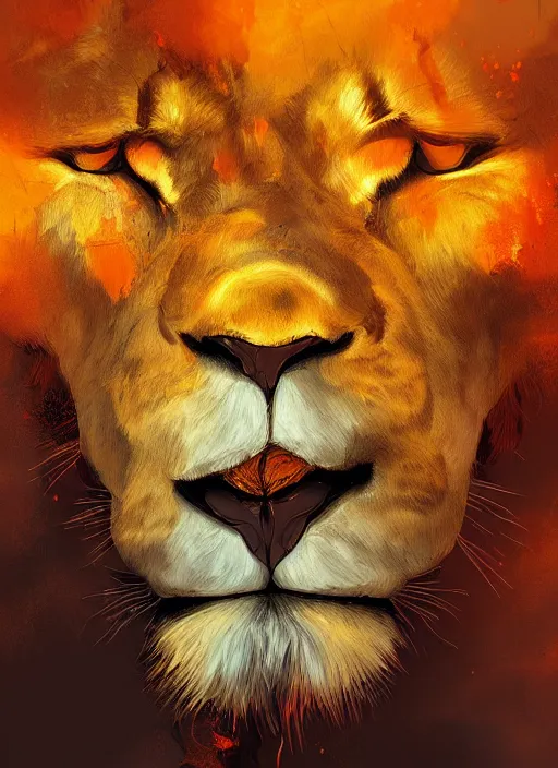 Prompt: a painting of a lion's face with orange and yellow smoke coming out of, a digital painting by petros afshar, behance contest winner, digital art, behance hd, digital illustration, digital painting