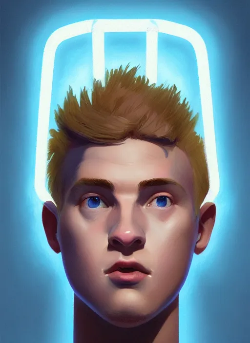 Image similar to portrait of high school senior boy named big moose, blonde short hair, jock, beefy, wide face, square jaw, square facial structure, blue varsity jacket with letter r, intricate, elegant, glowing lights, highly detailed, digital painting, artstation, concept art, sharp focus, illustration, art by wlop, mars ravelo and greg rutkowski