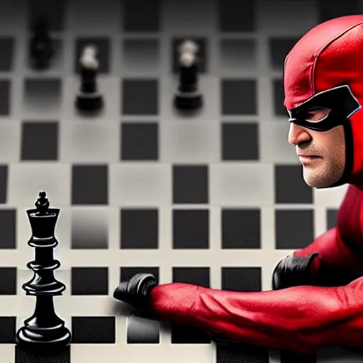 Image similar to daredevil from marvel playing chess, octane, realistic photograph