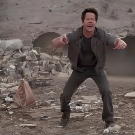 Image similar to scene from a movie that looks like a drama but it's a laugh hard comedy, mark wahlberg being a chaotic mess, shot by darren aronofsky, 4 k