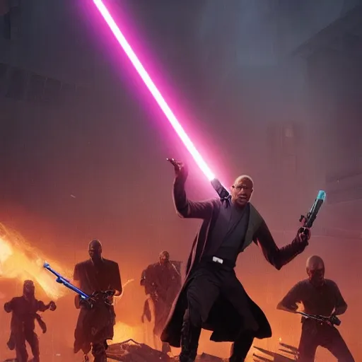 Image similar to a realistic portrait of mace windu holding a lightsaber fighting a group of dinosaurs in a destroyed cyberpunk city with lasers flying through the air by greg rutkowski