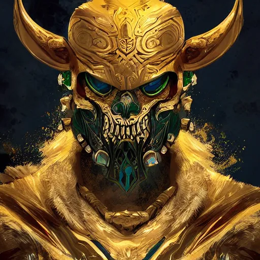 Prompt: a golden wolf skull face warrior with emeralds in his forehead, Apex Legends character digital illustration portrait design, by android jones, detailed, cinematic lighting, wide angle action dynamic portrait