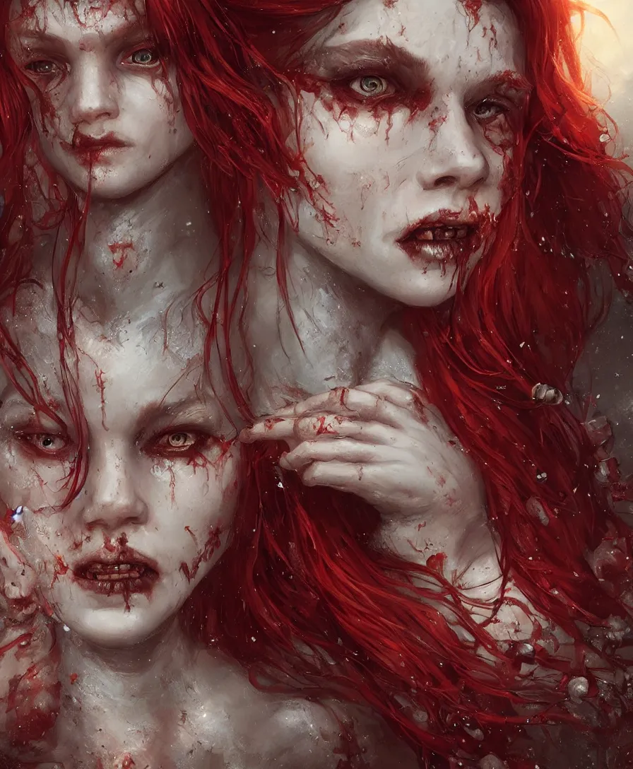 Image similar to close-up portrait of zombie mermaid young woman with red hair, fantasy, intricate, digital painting, trending artstation, concept art, illustration, art by Greg Rutkowski