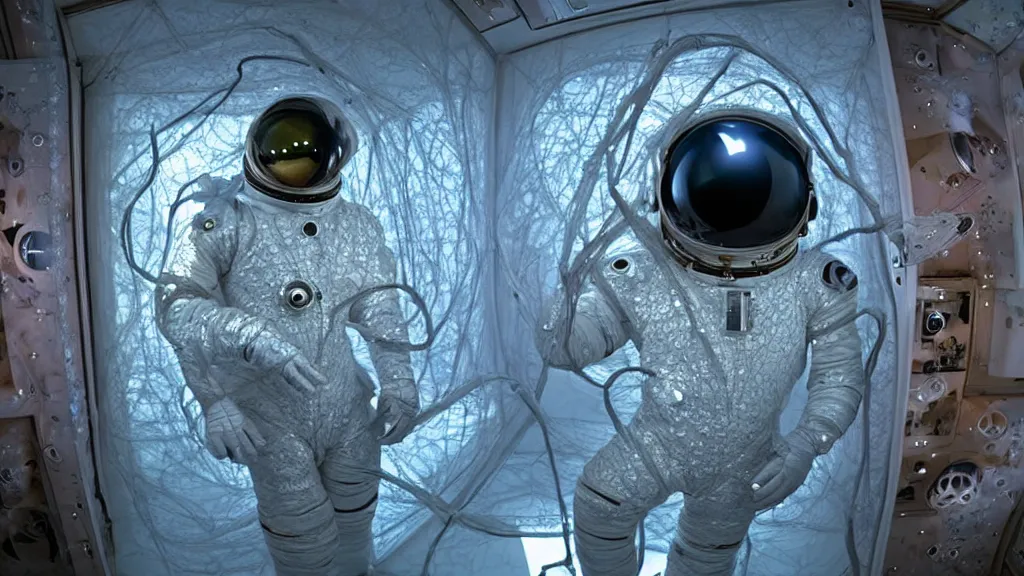 Image similar to a single astronaut eva suit covered in diamond 3d fractal lace iridescent bubble 3d skin and covered with insectoid compound eye camera lenses floats through the living room, film still from the movie directed by Denis Villeneuve with art direction by Salvador Dalí, wide lens,