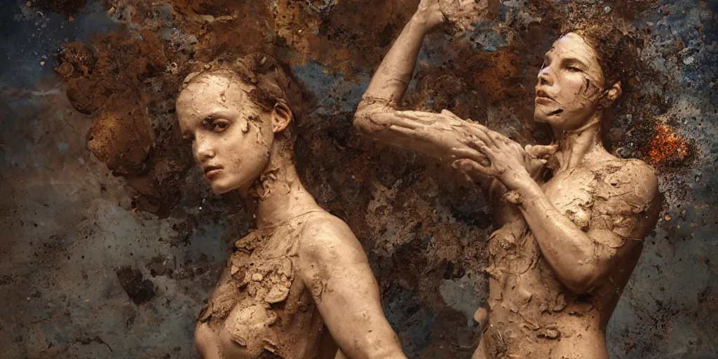 Image similar to highly detailed photography of a woman made of rust clay and wet rocks, hand gesture, sharp focus, dust particles, dirt, dramatic scene, aesthetic, dynamic lighting, elegant, harmony, masterpiece, by roberto ferri, blue background, high quality, spatula