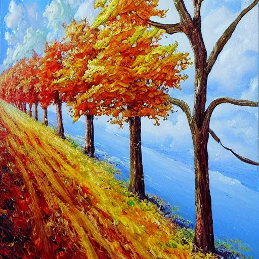 Image similar to painting depicting all four season in one single painting, tree in the summer, tree in the winter, tree in spring, tree in autumn, concept art, artstation, detailed, impressionism, oil on canvas, knife painting, messy,