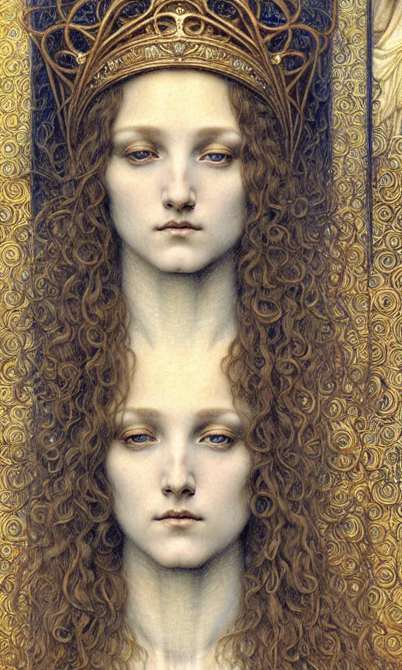 Image similar to detailed realistic beautiful young medieval queen face portrait by jean delville, gustave dore and marco mazzoni, art nouveau, symbolist, visionary, gothic, pre - raphaelite. horizontal symmetry