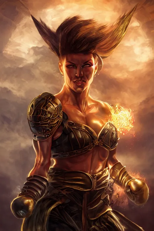 Prompt: fantasy character concept portrait, digital painting, wallpaper of a female kick boxer with skin of obsidian, with veins of magma and gold, renaissance nimbus overhead, by aleksi briclot, by laura zalenga, by alexander holllow fedosav, 8 k dop dof hdr, vibrant