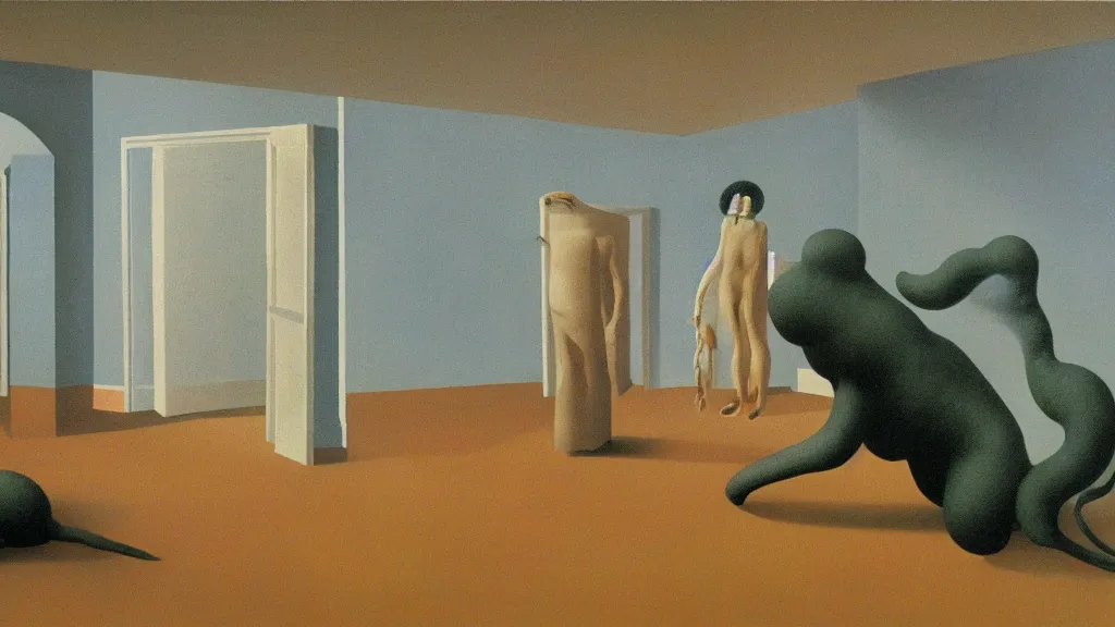 Image similar to A claymation of a strange creature crawling on the living room ceiling by René Magritte