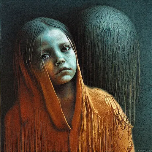 Image similar to 10 years old girl, painting by Beksinski