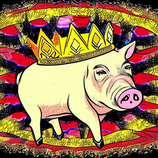 Prompt: Highly detailed comic book style drawing of a pig wearing a gold crown, full body, zoomed out, retro, colorful, intricate, vector, concept art, sharp