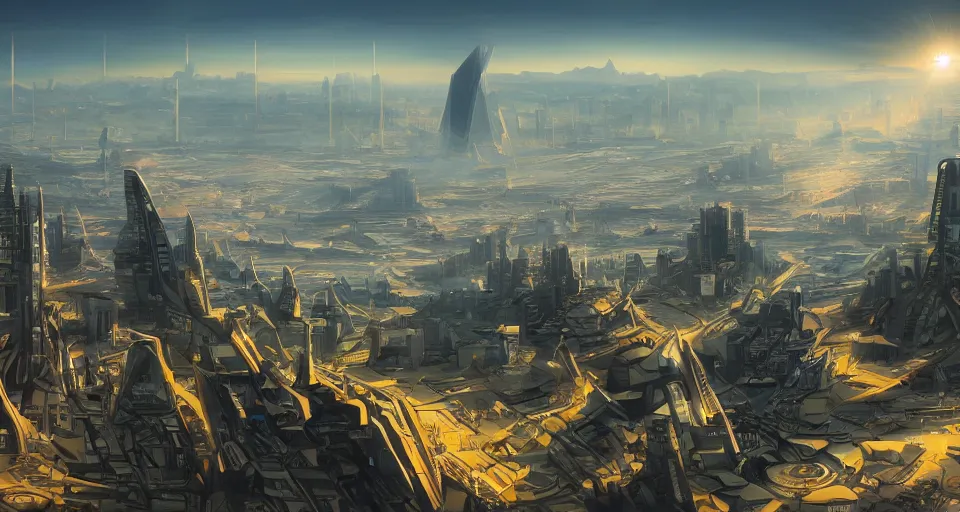 Image similar to view on futuristic city in the horizon, illustration by dean roger, detailed, sharp, 8 k