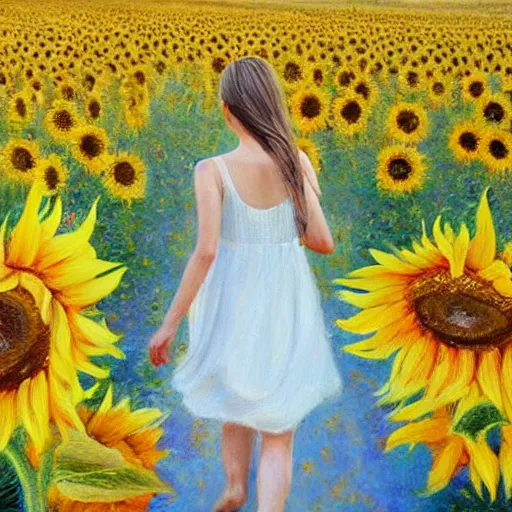 Image similar to a girl slowly walking through amazing tall sunflower field, her hair flowing down, subtle, intricate details, real masterpiece, oil on canvas, by somsak anong