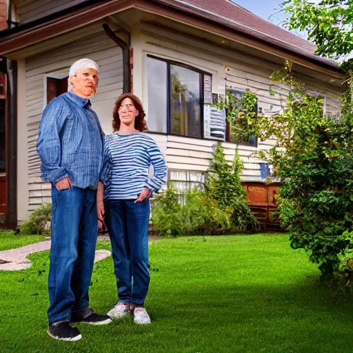 Image similar to a man and a woman around 3 0 years are standing in the backyard of a downtown home. natural faces, realistic colors, detailed photo 8 k