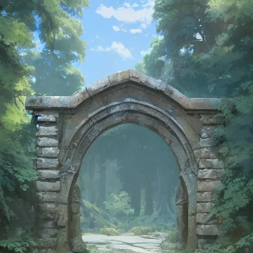 Image similar to concept art painting of an ornate ancient stone archway, in the woods, realistic, detailed, cel shaded, in the style of makoto shinkai and greg rutkowski and james gurney