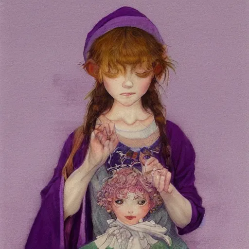 Image similar to little elf tomboy, purple tunic, soft hair. light color palate, detailed soft painting, ayami kojima, anatomically correct, inspired in balthus