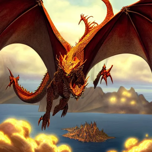 Prompt: the dragon smaug flying over lake town from the hobbit highly detailed, digital painting, concept art, sharp focus, by makoto shinkai