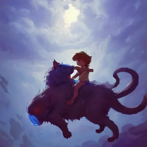 Image similar to a kid riding a monster cat in the night made by studio ghibli beautiful scene fantasy with a lot of lighting and blue colour highly detailed, digital painting, artstation, concept art, smooth, sharp focus, illustration, art by artgerm and greg rutkowski and alphonse mucha