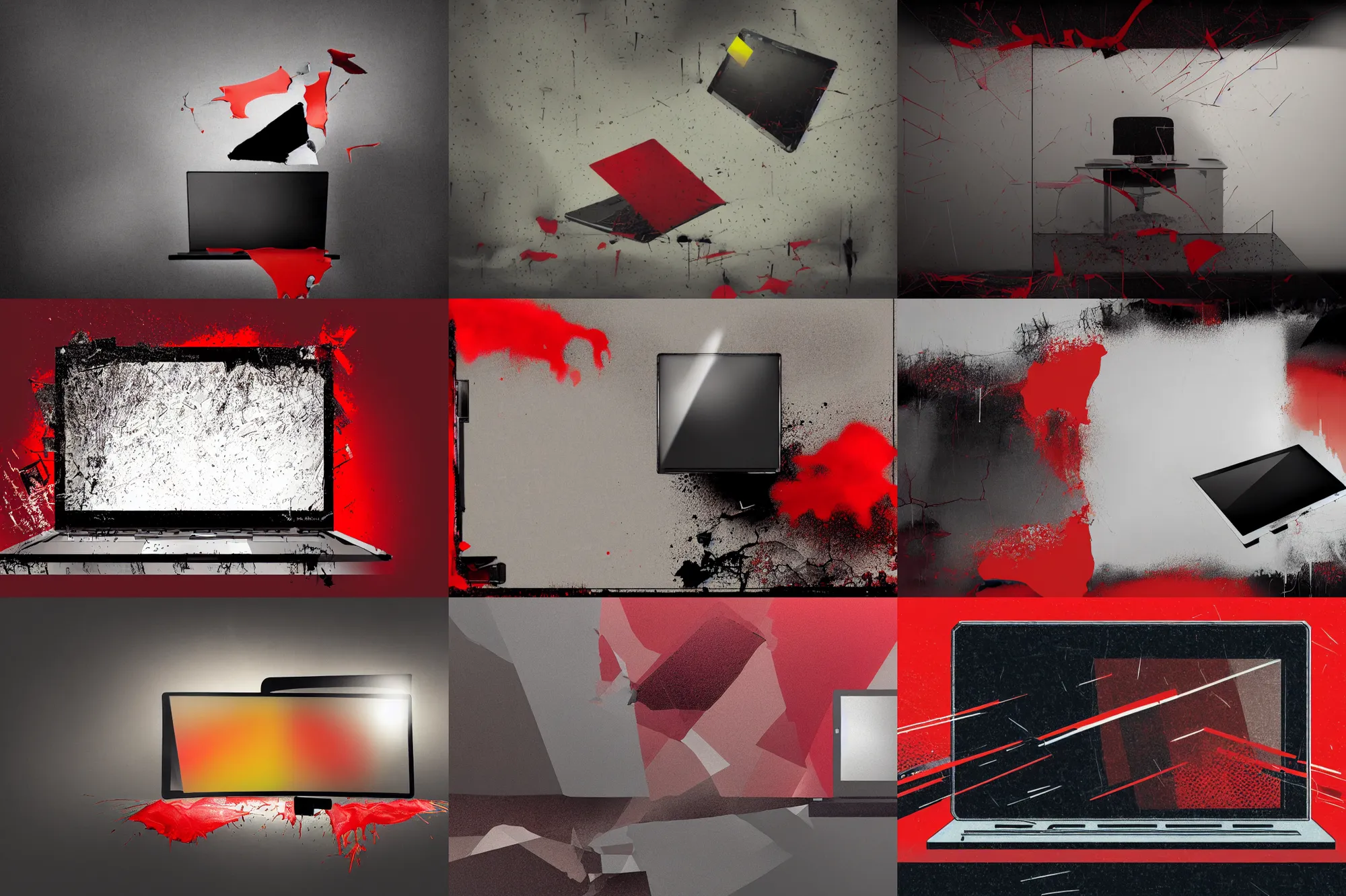 Prompt: editorial illustration by karolis strautniekas and mads berg, office interior, broken laptop screen, liquid clouds, fog, red black yellow beige, fine texture, detailed, muted colors, film noir, dramatic lighting, dynamic composition, vivid, matte print, wide angle, shattered glass ( ( sunbeams ) ), moody